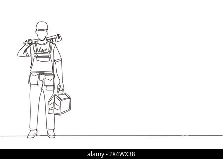 Dessin continu d'une ligne homme plombier tenant la clé et la boîte à outils dans les mains est isolé. Personnage professionnel de service en uniforme prêt pour Illustration de Vecteur