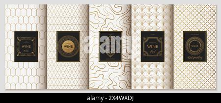Motif étiquette de vin. Autocollant produit de luxe. Fond orné moderne. Ornement pour bijoux. Motif doré art déco. Boîte de produit. Cadre doré avec logo. Ensemble de gabarits de décoration d'emballage vectoriel Illustration de Vecteur