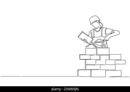 Mur de briques de construction de réparatrice à une ligne en continu. Travailleur de la construction en uniforme et casque effectuant des travaux. Concept de constructeur. Service de réparation Illustration de Vecteur