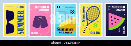 Fête d'été. Affiches de cocktail de plage avec des éléments de vacances soleil et mer. Vacances d'été. Shorts et lunettes de soleil tendance. Cartes de voyage modernes. Pastèque tropicale et citron. Jeu de bannières plates vectorielles Illustration de Vecteur