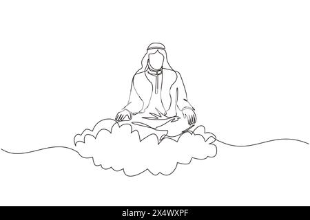 Un seul employé de bureau de dessin d'une ligne ou un homme d'affaires se détend et médite en position de lotus sur les nuages. Homme arabe joyeux se relaxant avec yoga ou medi Illustration de Vecteur