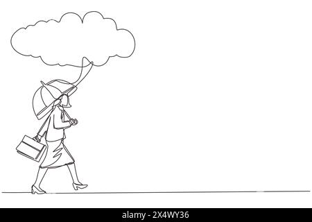 Continue d'une ligne dessinant femme d'affaires avec porte-documents et porte-parapluie sous le nuage de pluie. Dépression, passant par temps pluvieux. Femme trempée, w Illustration de Vecteur