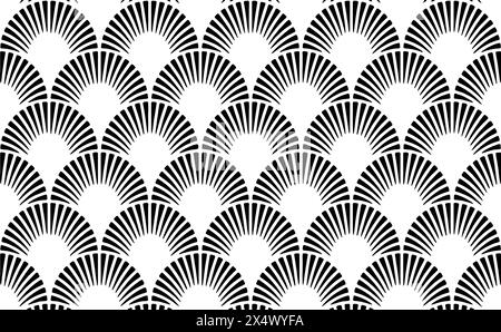 Illustration vectorielle Noir et blanc sans couture organique Floral Sunburst semi Circle Grid Geometric Flower Pattern Arcs dans un style Art déco moderne élégant Illustration de Vecteur