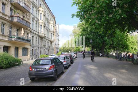 Berlin, Allemagne, 27 avril 2024, printemps avec des châtaignes en fleurs sur Fraenkelufer à Kreuzberg Banque D'Images