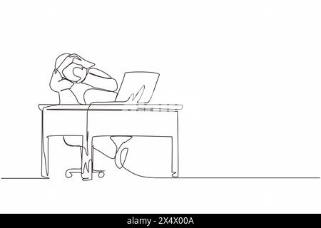 Dessin continu d'une ligne effrayé directeur d'homme arabe regardant l'écran de l'ordinateur portable. Homme choqué regardant une vidéo sur son ordinateur portable à la maison. S Illustration de Vecteur