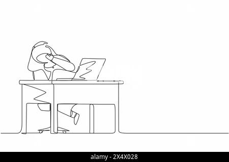 Un dessin continu d'une ligne effrayé directeur de femme arabe regardant l'écran de l'ordinateur portable. Fille choquée regardant la vidéo sur son ordinateur portable à ho Illustration de Vecteur