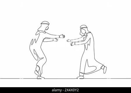 Une seule ligne continue dessinant deux joyeux gars arabes courent pour se rencontrer. Mâles qui s'embrassent et rient. Rencontre d'amis. Rencontre de l'amitié masculine. Illustration de Vecteur