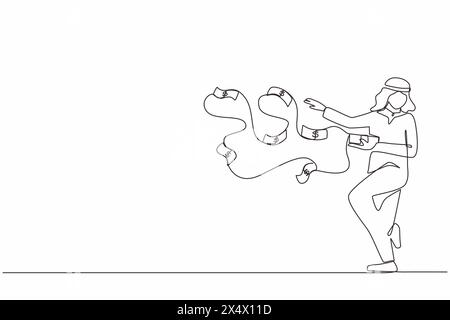 Simple dessin d'une ligne heureux homme d'affaires arabe millionnaire jeter pile de billets de banque d'argent volant dans l'air. Succès et fortune riche entrep Illustration de Vecteur