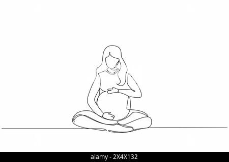 Une ligne continue dessinant une jeune femme enceinte heureuse assise avec les jambes croisées à la maison et regardant son ventre. Future maman attendant bébé caressant Illustration de Vecteur