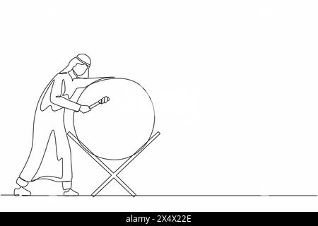 Ligne continue unique dessinant l'homme arabe frappant bedug ou tambour traditionnel pour suhoor et iftar Time Ramadan. Personne musulmane appelant d'autres personnes à pra Illustration de Vecteur