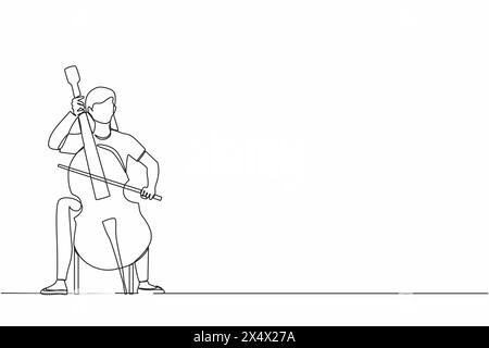 Ligne continue unique dessinant une jeune artiste féminine jouant à la contrebasse. Violoncelliste jouant du violoncelle, musicien jouant d'un instrument de musique classique. Illustration de Vecteur