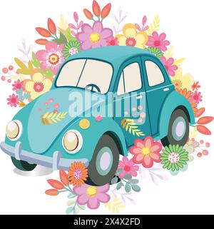 voiture bleue rétro, vintage avec fond de fleurs mignonnes Illustration de Vecteur