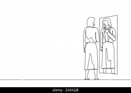 Simple ligne continue dessinant femme d'affaires ajustant blazer devant le miroir. Femme vérifiant son apparence dans le miroir. Manager féminin cherchant le sien Illustration de Vecteur