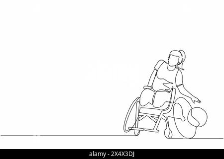 Athlète dessinant une seule ligne jouant au basket-ball assis dans un fauteuil roulant. femme avec jambes paralysées s'entraînant avec balle. Personne handicapée faisant Illustration de Vecteur