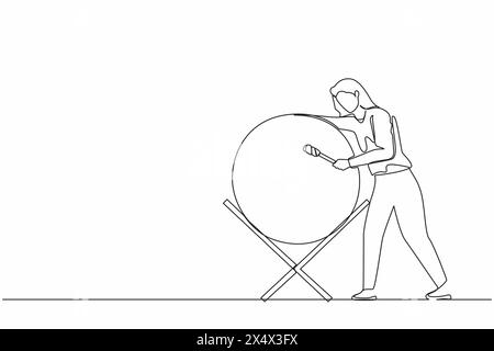 Ligne continue unique dessinant femme heureuse frappant bedug ou tambour traditionnel pour suhoor et iftar Time Ramadan. Personne musulmane appelant d'autres personnes à Illustration de Vecteur