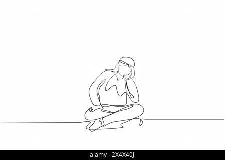 Simple une ligne dessinant homme d'affaires arabe qui pose des questions ou est confus parce qu'il entre dans le problème. À court d'idées, rêvant, triste, Illustration de Vecteur