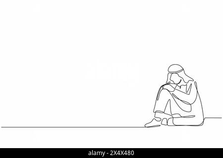 Continu d'une ligne dessinant très triste homme d'affaires arabe assis seul sur le sol. Trouble dépressif du jeune homme, triste, tristesse, symptôme de déception. S Illustration de Vecteur