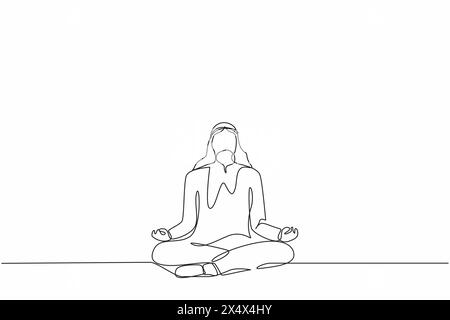 Simple ligne continue dessinant homme d'affaires arabe faisant du yoga. Employé de bureau assis dans la pose de yoga, méditation, détente, calmer et gérer le stress. Illustration de Vecteur