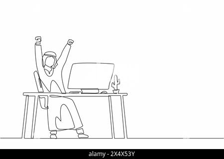 Simple une ligne dessinant heureux homme d'affaires arabe assis les mains levées sur son lieu de travail. Un employé de bureau célèbre l'augmentation de salaire de la société. Illustration de Vecteur