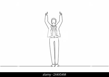 Simple ligne continue dessinant homme d'affaires heureux debout et les deux mains pointant avec les index. Vendeur célèbre l'augmentation de salaire de la société Illustration de Vecteur