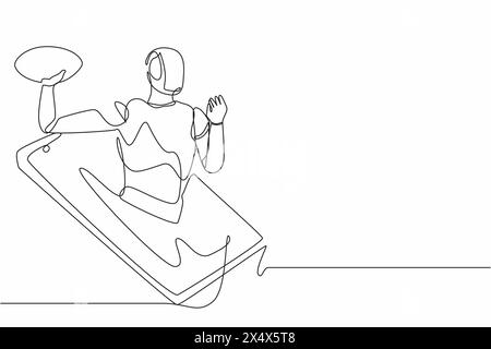 Un seul robot de dessin de ligne sortent du téléphone portable et jettent le ballon de football américain. Technologie future. Intelligence artificielle, apprentissage automatique Illustration de Vecteur