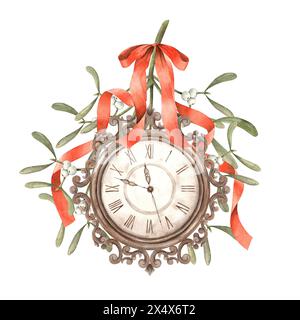 Horloge antique en cuivre avec gui et ruban rouge. Composition d'aquarelle dans le style vintage sur un fond isolé. Dessin pour Noël et New y Banque D'Images