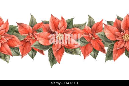 Poinsettia, fleur rouge de Noël avec des feuilles vertes. Bordure botanique d'aquarelle sans couture dans le style vintage sur fond isolé. Dessin pour invitati Banque D'Images