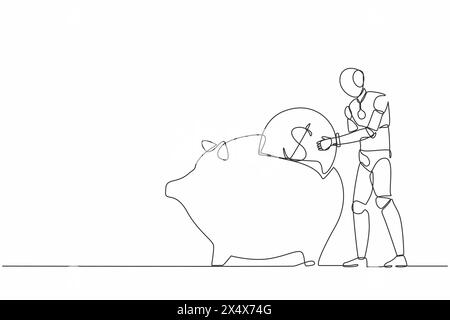 Robot de dessin continu à une ligne mettant une pièce de monnaie d'un dollar dans une tirelire. Organisme cybernétique robot humanoïde. Futur concept de développement robotique. Simple Illustration de Vecteur