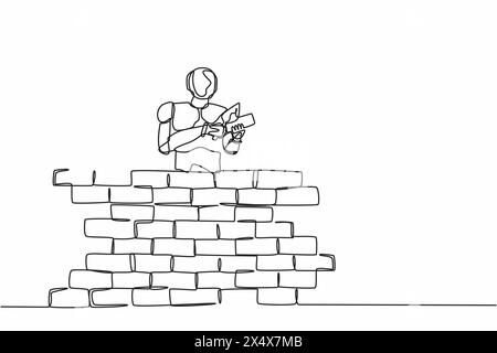 Un seul robot de dessin d'une ligne réparateur de mur de briques de construction. Développement technologique futur. Processus d'apprentissage automatique de l'intelligence artificielle. Contin Illustration de Vecteur