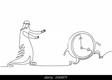 Continue d'une ligne dessinant homme d'affaires arabe poursuivant le temps. Manager fonctionne après l'horloge. Concept commercial de délai, gestion du temps, peur d'être en retard Illustration de Vecteur