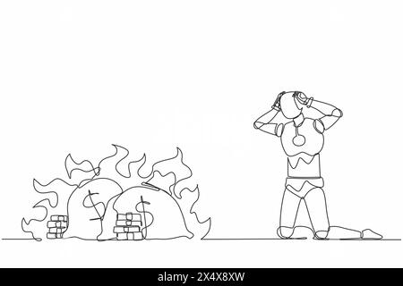 Robot dessinant une seule ligne agenouillé. Les finances brûlent. Crise financière mondiale. Technologie future. Apprentissage automatique de l'intelligence artificielle. CON Illustration de Vecteur
