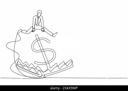 Simple une ligne dessinant homme d'affaires sautant par-dessus le piège de l'argent ou le piège de la souris avec le grand argent dollar signe appât. Piège à argent financier, risque dans l'investissement Illustration de Vecteur