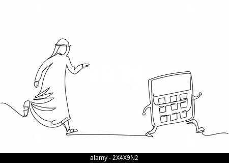 Simple une ligne dessinant un homme d'affaires arabe poursuivant la calculatrice. Concept d'audit financier ou de service comptable professionnel, calcul des dépenses. C Illustration de Vecteur