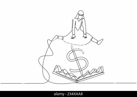 Ligne continue unique dessinant homme d'affaires arabe sautant par-dessus l'écueil avec un appât de signe de dollar de grand argent. Escroquerie d'investissement financier. Piège de devenir riche Illustration de Vecteur