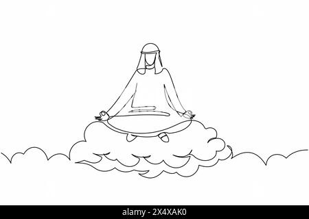 Continue d'une ligne dessinant des méditations d'homme d'affaires arabes et se reposant en position de lotus sur des nuages. Homme arabe relaxant avec une pose de yoga ou de méditation. Péché Illustration de Vecteur