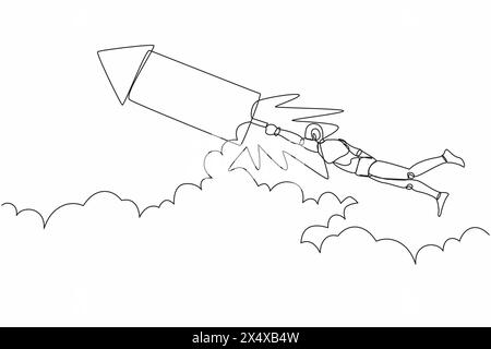 Robot de dessin de ligne continue unique voler sur des fusées de feux d'artifice tout en regardant les opportunités d'affaires. Intelligence artificielle robotique moderne. Dynamique Illustration de Vecteur