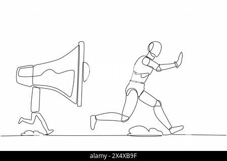 Robot continu tracant une ligne contraint poursuivi par un mégaphone. Robot en criant fort pour la communication de masse. Organi cybernétique robot humanoïde Illustration de Vecteur