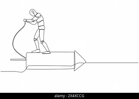 Robot de dessin d'une ligne unique debout sur la fusée de feu d'artifice et l'allumer pour stimuler le processus d'apprentissage automatique. Intelligence artificielle robotique moderne. Illustration de Vecteur