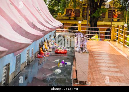 cadeaux pour bouddha pour son anniversaire. Fleurs et fruits recueillis dans des paniers pour offrir à la statue de Bouddha Banque D'Images