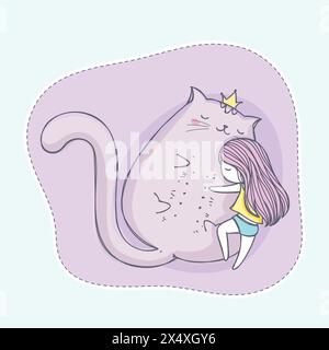 Mignon dessin animé à la main doodle fille et grand chat. Fille embrassant un dessin animé de chat dessiné à la main. Kawaii dessin animé endormi. Illustration vectorielle pour enfant. Illustration de Vecteur