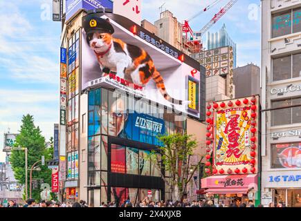 tokyo, japon - avril 28 2024 : affiche de film Netflix de 'City Hunter' ou 'Nicky Larson' sous un écran sinueux où un chat calico géant 3D portant un képi dedans Banque D'Images