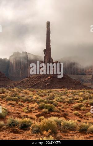 Vue panoramique sur les magnifiques flèches de Monument Valley Arizona, avec l'emblématique formation Totem Pole résultant de l'érosion. Banque D'Images