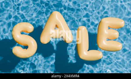 Bannière de soldes d'été. Mot de vente gonflable jaune dans la piscine. rendu 3d. Banque D'Images