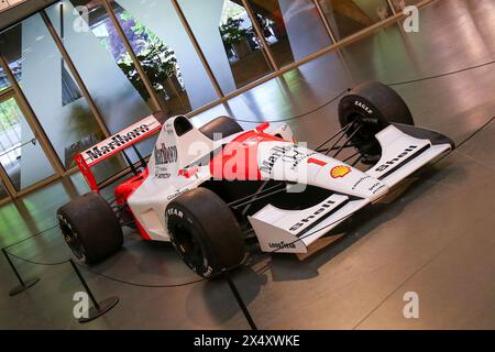 La McLaren Honda d'Ayrton Senna a été présentée lors de l'exposition 'Senna Forever' le 05 mai 2024 au Museo Nazionale dell'automobile à Turin, en Italie. Banque D'Images