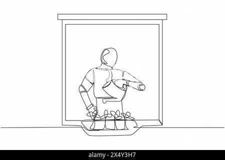 Robot de dessin simple d'une ligne arrosant des fleurs sur le balcon. Jardin vert maison, plantes d'intérieur en croissance. Intelligence artificielle robotique. Technologie dans Illustration de Vecteur