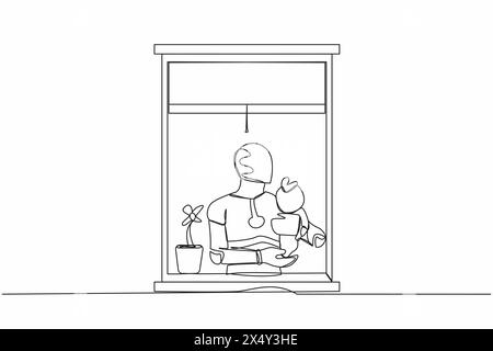 Robot de dessin de ligne continue unique tenant le cyborg de bébé nouveau-né près de la fenêtre. Développement technologique futur. Intelligence artificielle et apprentissage automatique Illustration de Vecteur