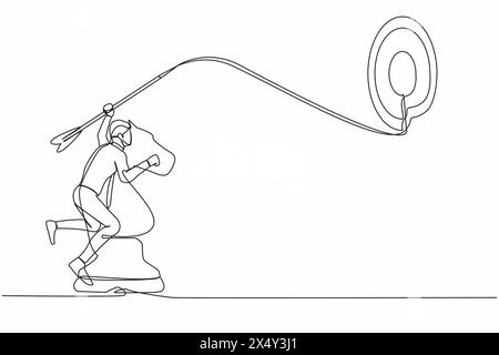 Simple une ligne dessinant l'exactitude homme d'affaires tenant la flèche de fléchette et la cible de visée tout en montant la pièce d'échecs de cheval. Réussite du manager. Continue Illustration de Vecteur