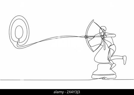 Simple une ligne dessinant un homme d'affaires précis tenant le tir à l'arc et la cible de visée tout en montant la pièce d'échecs de cheval. Concurrence stratégique. Succès commercial Illustration de Vecteur