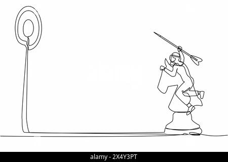 Continu une ligne dessinant précision homme d'affaires arabe tenant flèche de fléchette et cible de visée tout en montant pièce d'échecs de cheval. Réussite du manager Illustration de Vecteur