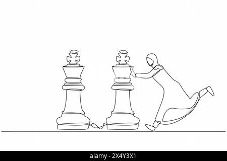 Continu une ligne dessinant une femme d'affaires arabe active pousser une énorme pièce d'échecs roi pour battre un autre roi. Stratégie commerciale, plan marketing, jeu gagnant Illustration de Vecteur